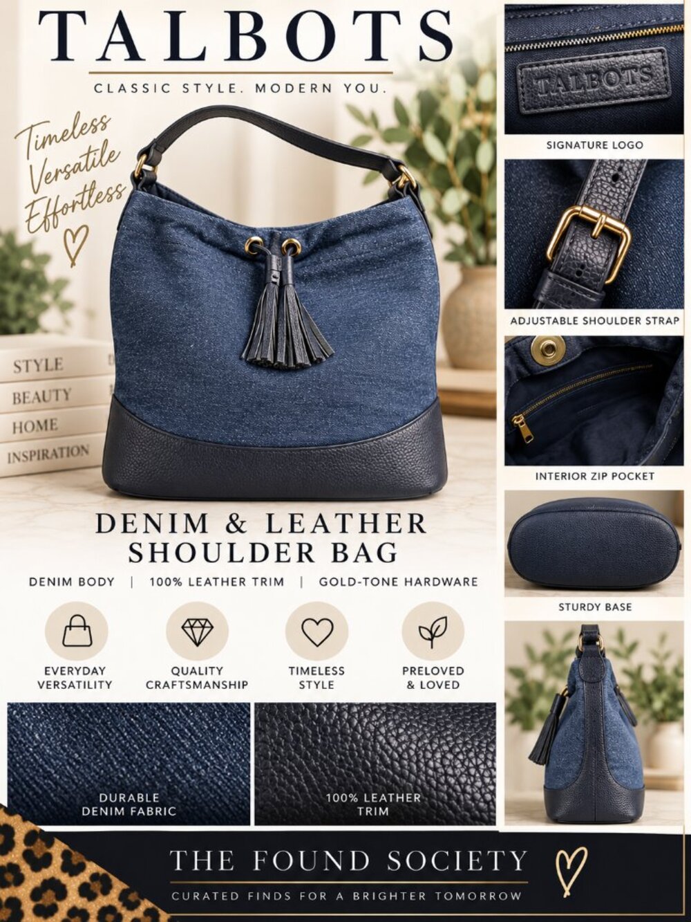 Talbots Denim Leather Hobo Shoulder Bag Tassel Navy Gold